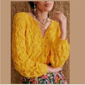 Sezane Marthe Jumper in Yellow Organic Cotton Button Down Open Textured Sweater